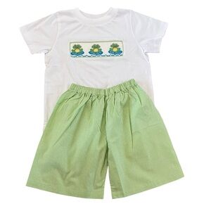 Boys Smocked Frogs Gingham Short Set 5T Maria Court